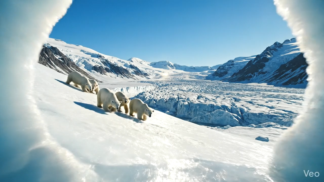 The camera slowly pushes forward into a breathtaking ice cave, its jagged walls sculpted by nature into intricate patterns of blues and whites, reflecting the ethereal light from an opening ahead. The crunch of ice underfoot and the drip-drip of melting water create a serene, echoing soundscape. As the camera moves closer, a gentle, ambient melody begins, swelling with the light from the cave's exit. The camera emerges from the narrow opening into a vast, sun-drenched valley, revealing a group of polar bears playfully sliding down an ice slope, their roars echoing with joy.